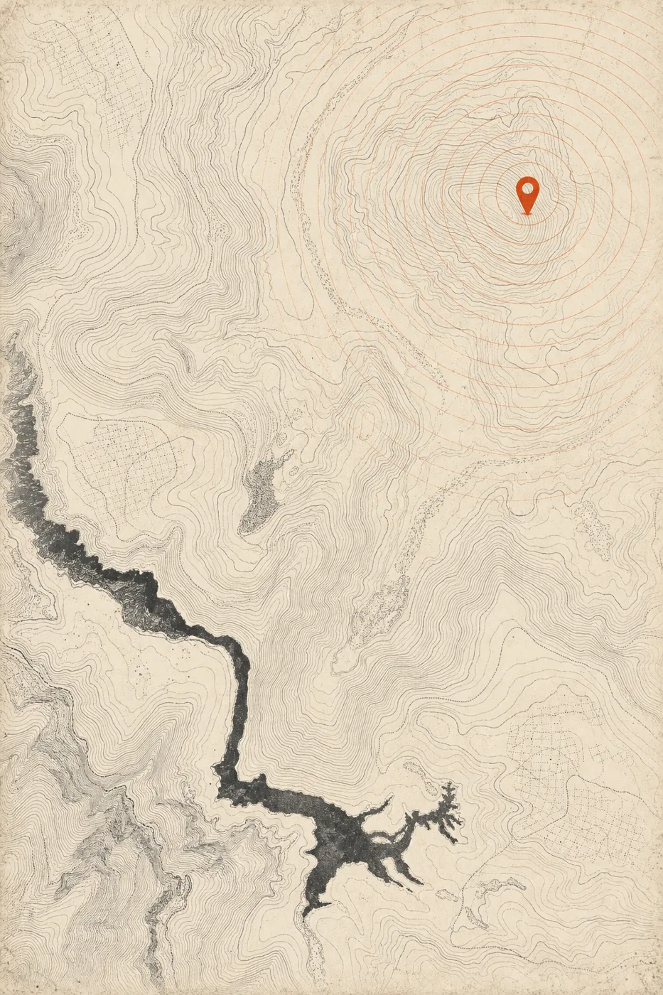 Illustration of a topographic map with a single location pin sending out signal rings
